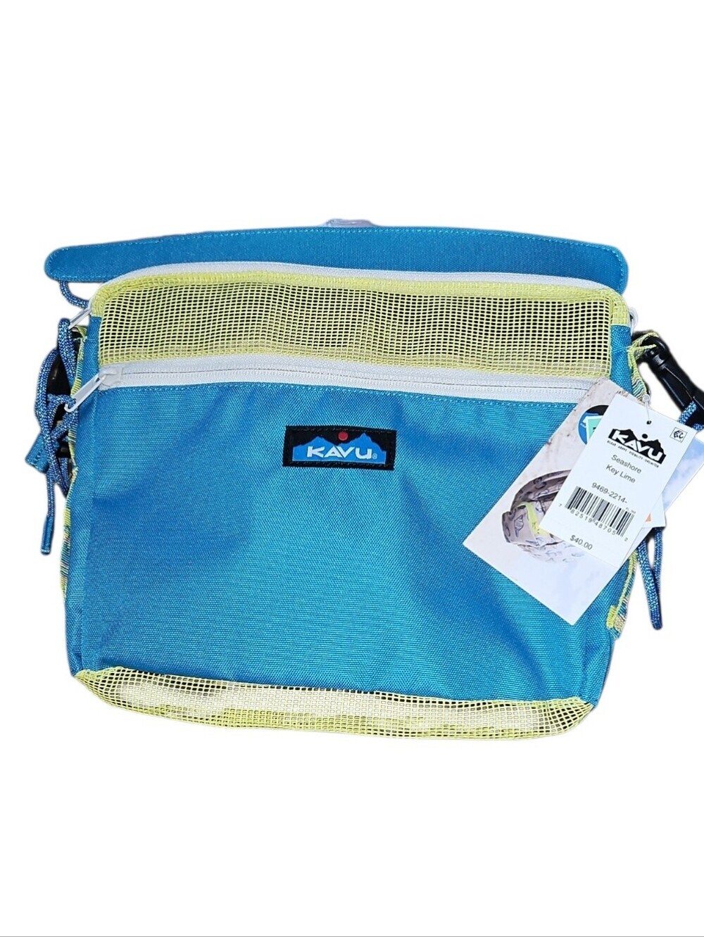 NWT KAVU Seashore Bag Key Lime Blue Green Mesh Crossbody Shoulder Festival Bag - Picture 2 of 6